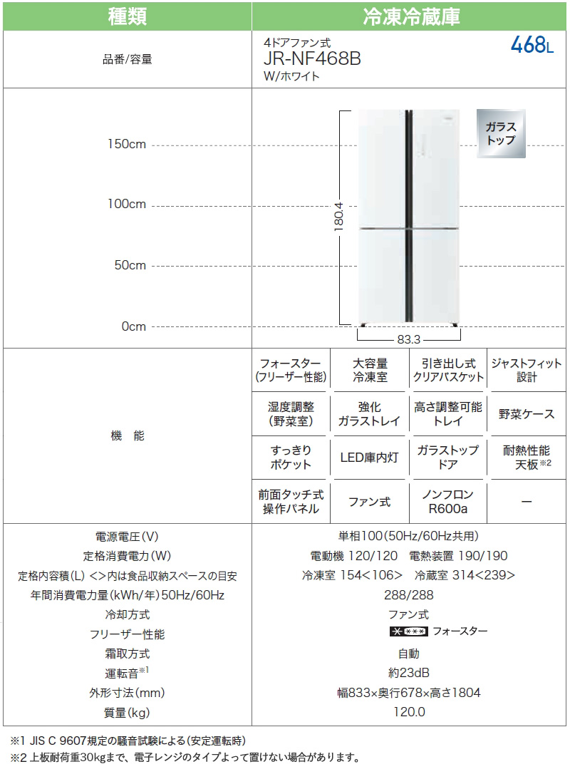 ハイアール 468L 4ドアファン式冷蔵庫 JR-NF468B(W) ホワイト 冷凍冷蔵庫 観音開き フレンチドア 大容量冷凍室 標準大型配送設置費込み 関西限定 ツーマン配送｜a-do｜10