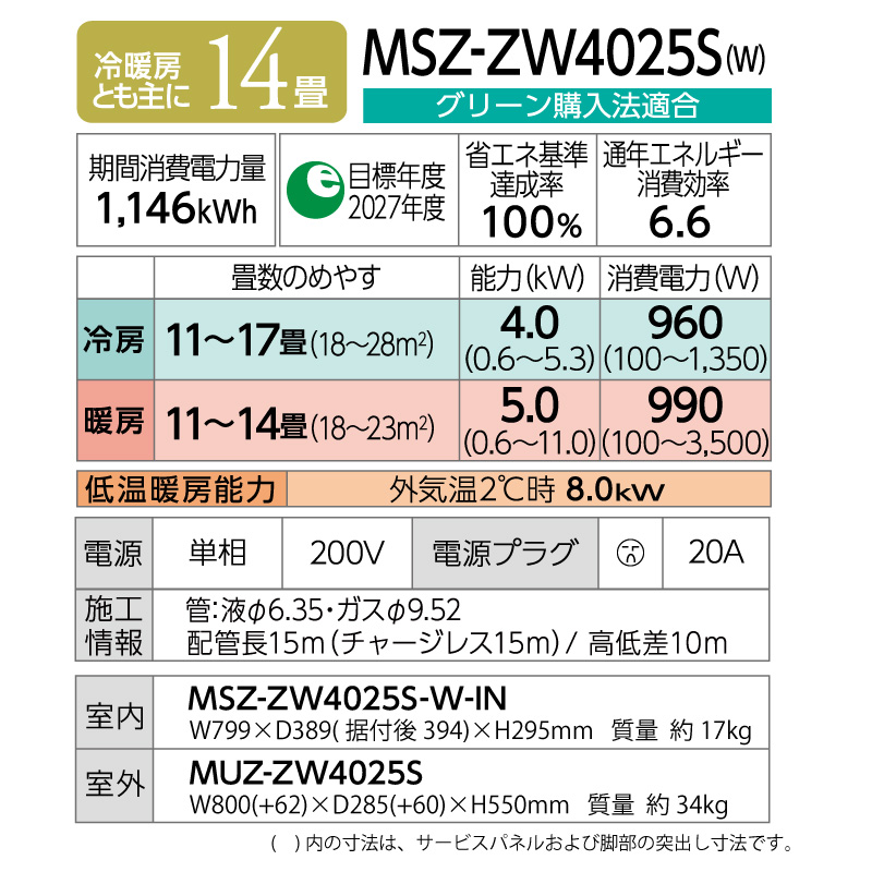 霧ヶ峰 三菱電機 ルームエアコン 主に 14畳用 MSZ-ZW4025S-W 4.0kw Z