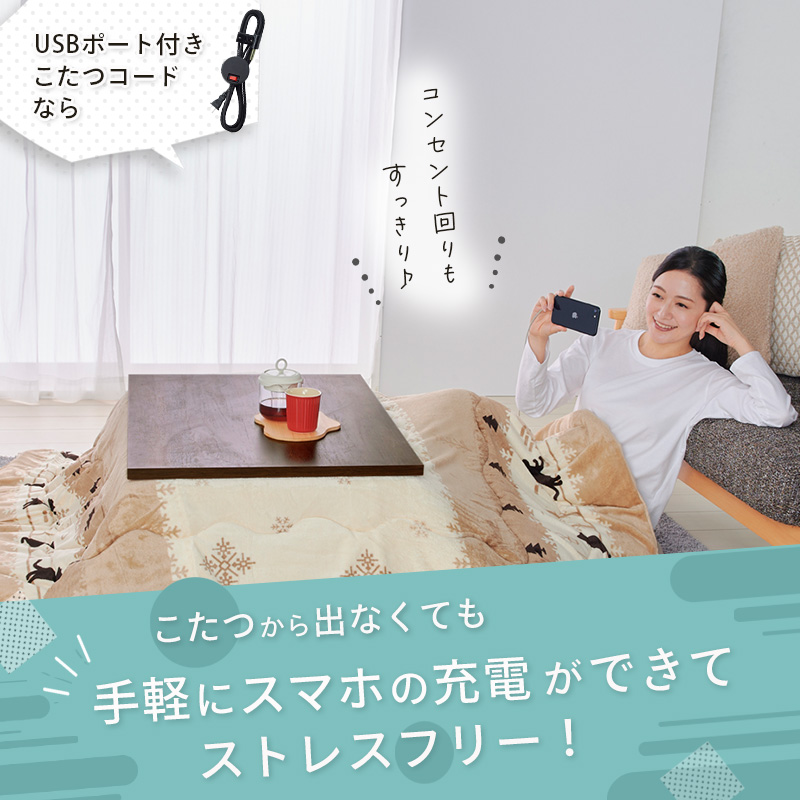USBポート付き こたつコード 2ピン専用 125V 7A USB充電器 Type-A Type