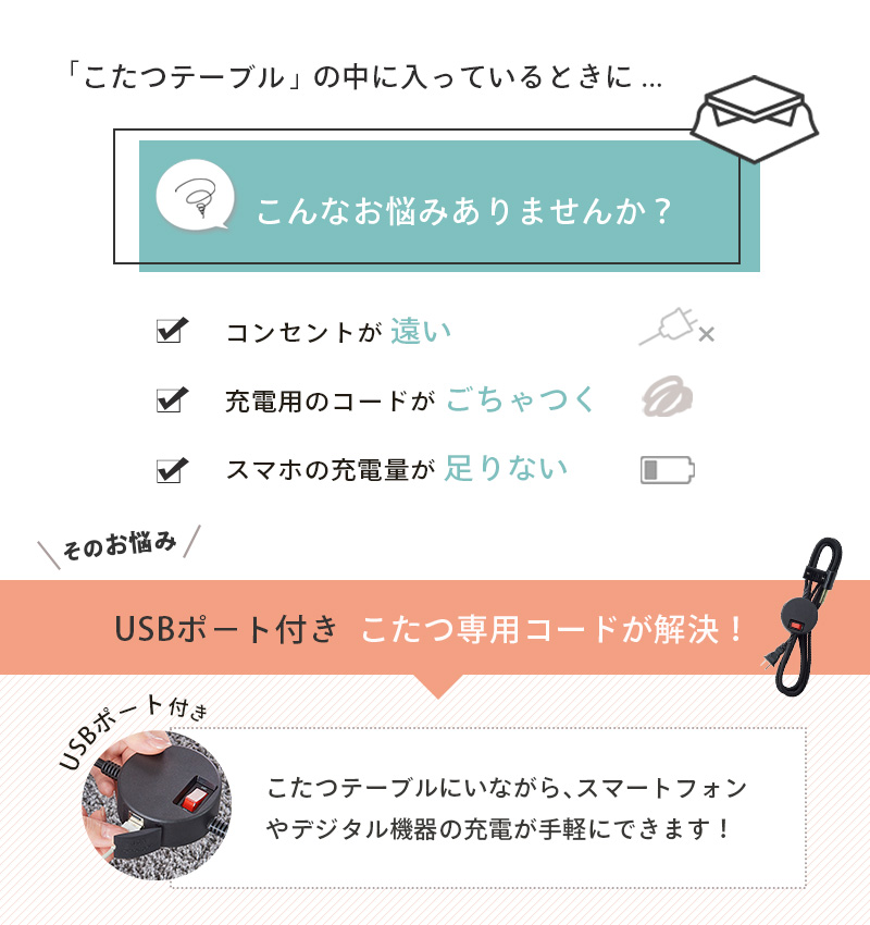 USBポート付き こたつコード 2ピン専用 125V 7A USB充電器 Type-A Type