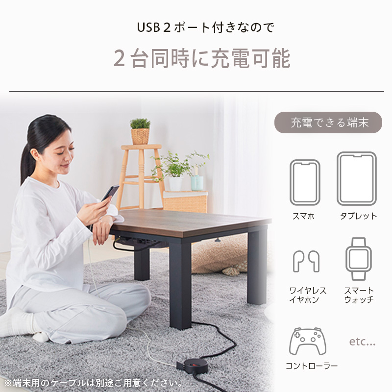 USBポート付き こたつコード 2ピン専用 125V 7A USB充電器 Type-A Type