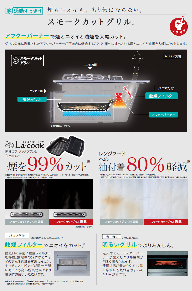 パロマ ビルトインコンロ フェイシスグランド 北欧デザイン 受注生産 75cm ノルディックウォルナット PD-893WT-U75GW2 クリアガラストップ 3口コンロ 両面焼 関連画像3