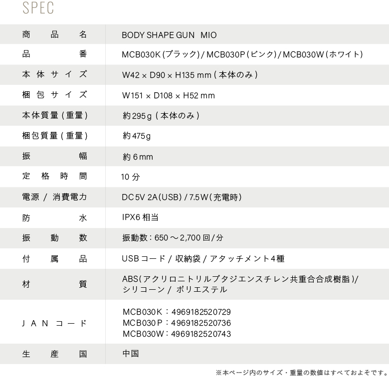 BODY SHAPE GUN MIO/MCB030W(ホワイト)/MCB030K(ブラック)/MCB030P(ピンク)