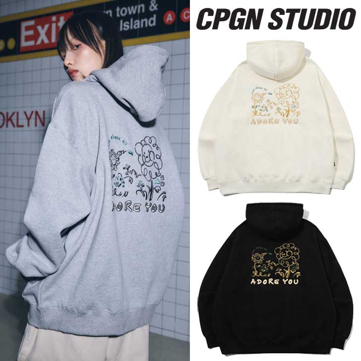 コンパーニョ 裏起毛 パーカー CPGN STUDIO_COMPAGNO 正規販売店 Adore You Embroidery Hoodie アドアユー フーディー CREAM GREY BLACK C23FD69/70/71 ウェア :ct cp23 c23fd69701:a Labs