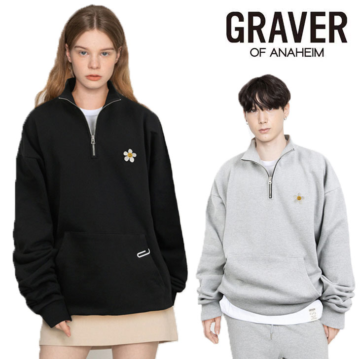 グレーバー トレーナー GRAVER 正規販売店 Street Flower Embroidery Half Zip up Sweatshirts 全2色 G HZM 08 BK/GY 起毛なし ウェア :ct gv21 ghzm08:a Labs