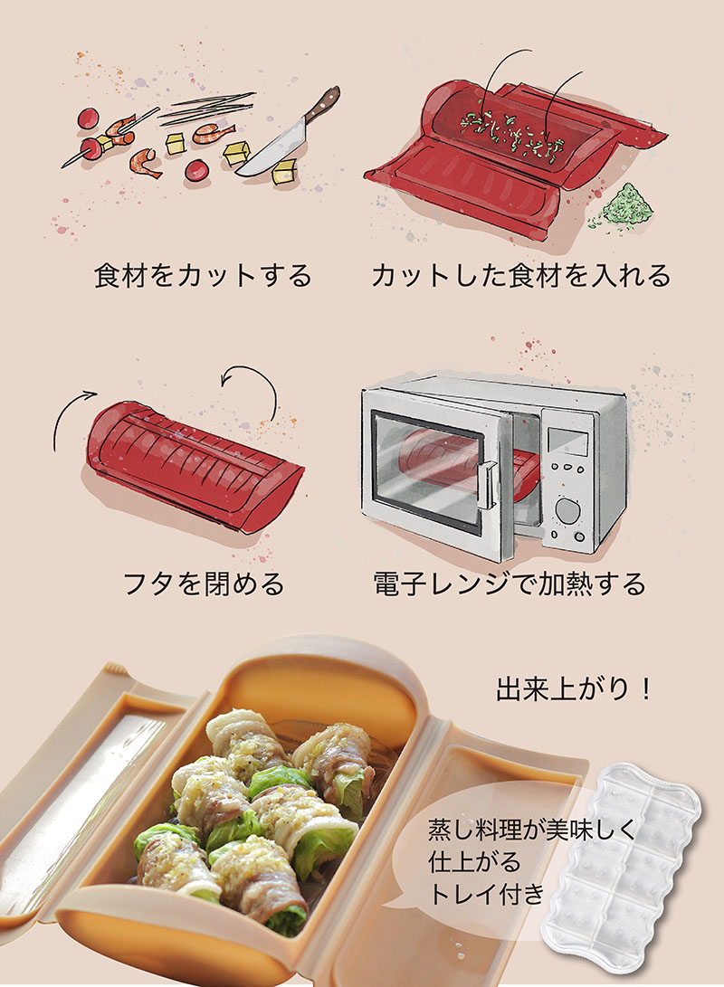 Lekue (ルクエ) スチームケース トレイ付き レンジ調理器 １個 食洗機OK １〜２人用 電子レンジ 調理 簡単調理 シリコン製 レシピ付き