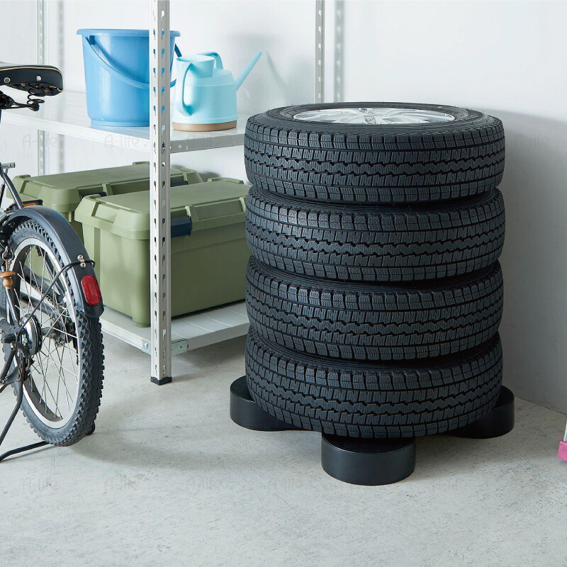タイヤラック 4個 日本製 ブラック タイヤ収納 物置 タイヤ 収納庫 タイヤ ラック 横置き 屋外 横 ガレージ プラスチック タイヤパレット