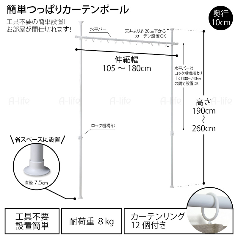 カーテンポール 2ポール パーテーション 間仕切り つっぱり ホワイト g6 アウトレット 間仕切り つっぱり カーテンポール 3分割