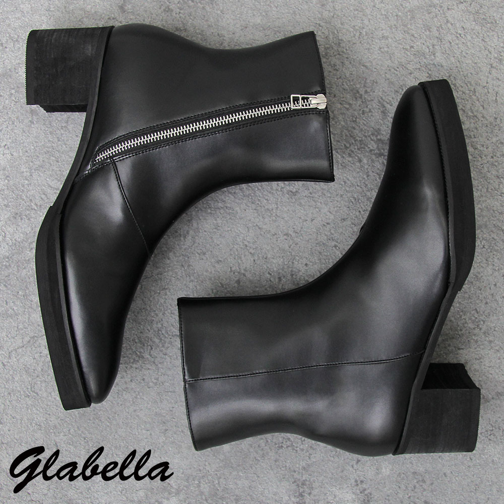 glabella ヒールブーツ メンズ サイドジップ 黒 ブラック シンプル ショートブーツ  レザ...