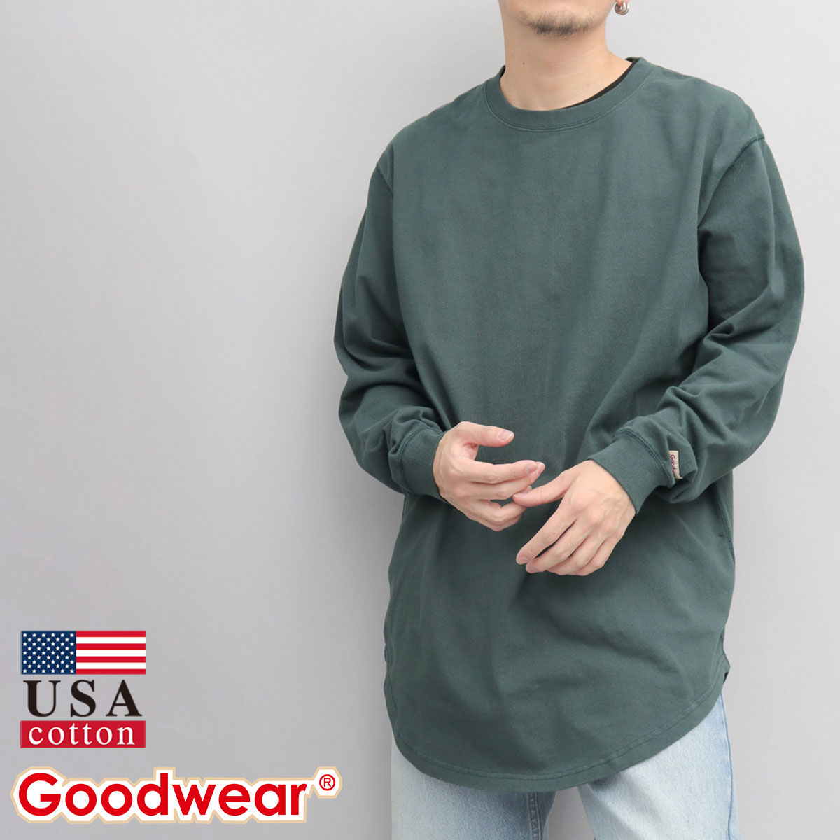残りわずか【Y-3】スウェットシャツ☆グレー 無地 コットン 長袖 Goodwear グッドウェア 袖リブ ロングスリーブTシャツ USA