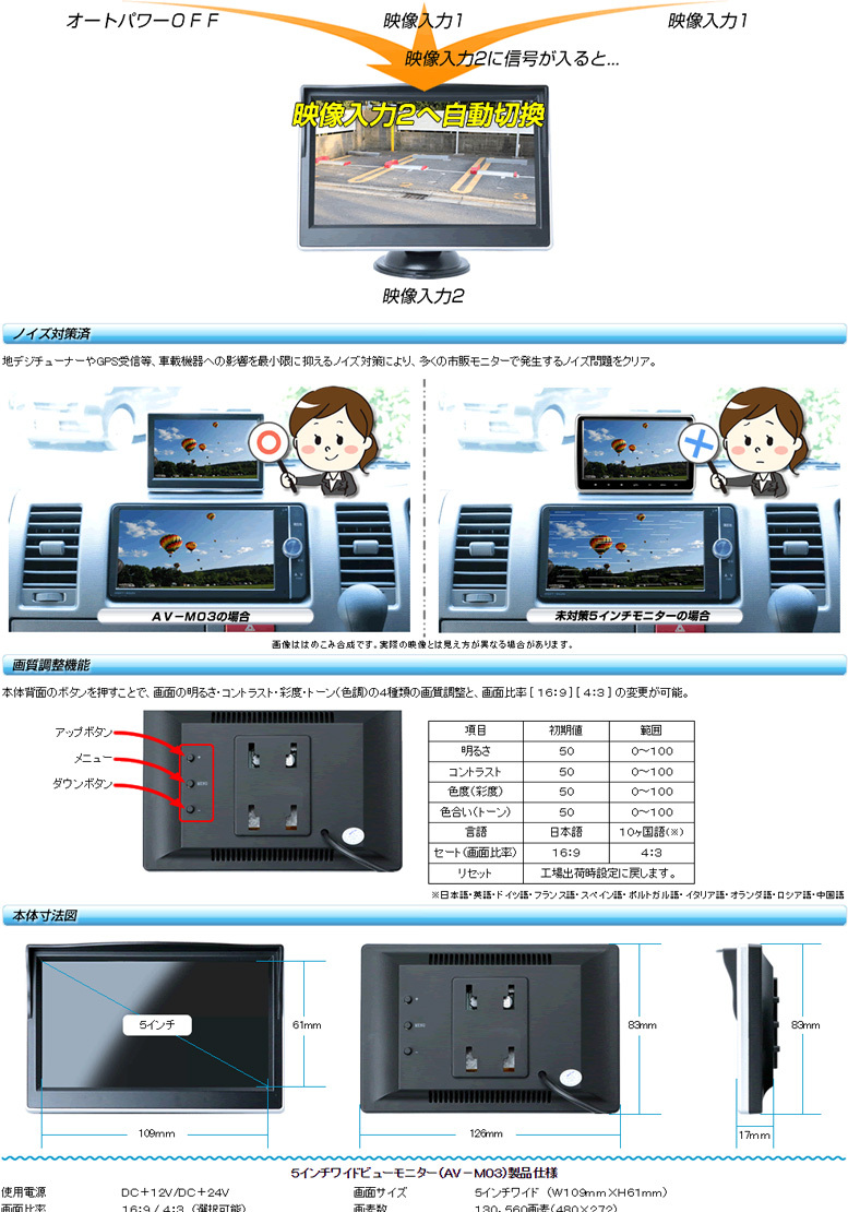 Bullcon ブルコン フジ電機工業 5インチワイド ビューモニター AV-M03 (薄型軽量ボディで角度調整も可能！) オンダッシュ型 車載 :AV-M03:アットマックス@  - 通販 - Yahoo!ショッピング