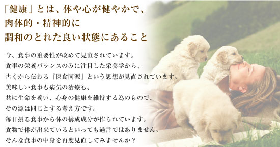 「健康」とは、体や心が健やかで、肉体的・精神的に調和のとれた良い状態にあること/今、食事の重要性が改めて見直されています。食事の栄養バランスのみに注目した栄養学から、古くから伝わる『医食同源』という思想が見直されています。美味しい食事も病気の治療も、共に生命を養い、心身の健康を維持する為のもので、その源は同じとする考え方です。毎日摂る食事から体の構成成分が作られています。食物で体が出来ているといっても過言ではありません。そんな食事の中身を再度見直してみませんか?