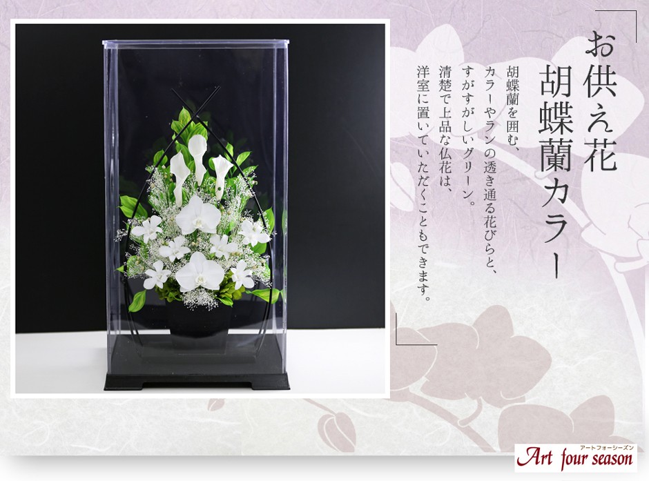 仏花　プリザーブドフラワーアレンジ　クリアケース　お供え花　　ホワイト　蘭 仏花 プリザーブドフラワーアレンジクリアケース入り ダリア