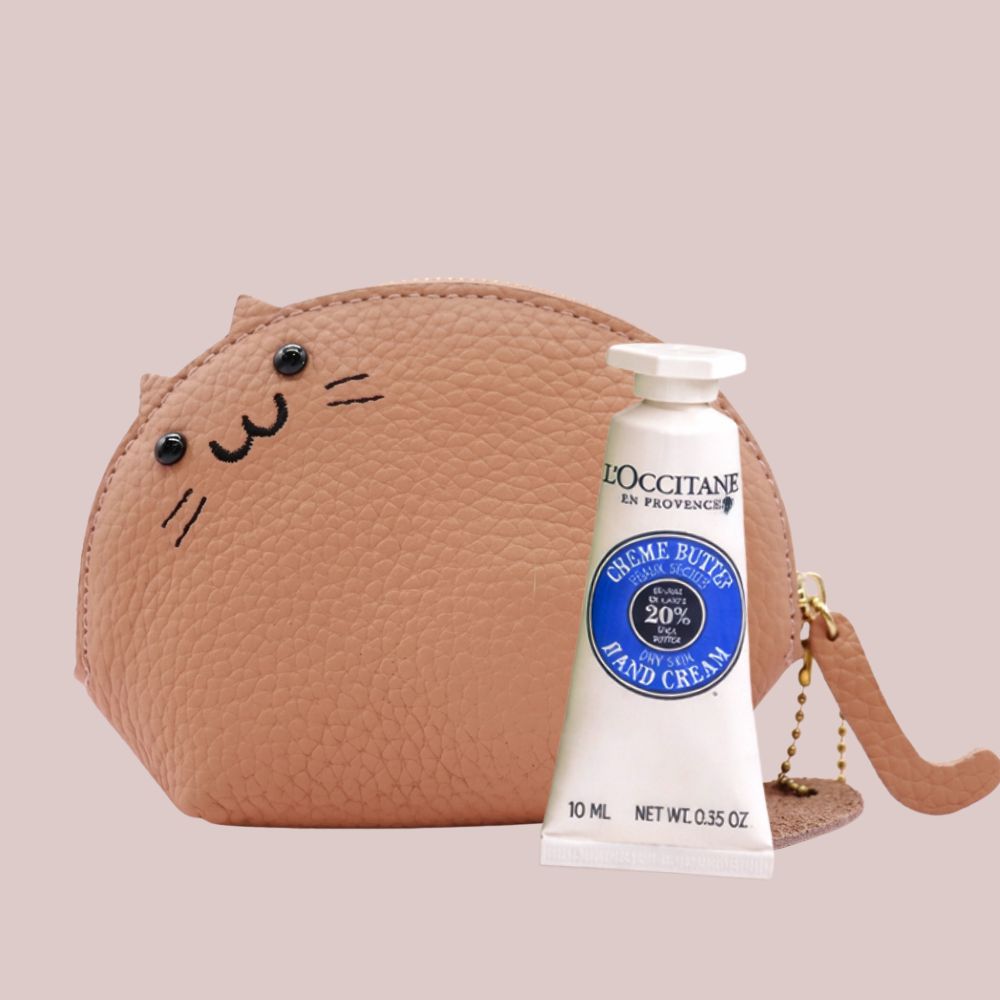 ギフトセット 【 本革 ネコ ポーチ ＆ ロクシタン ハンドクリーム 10ml