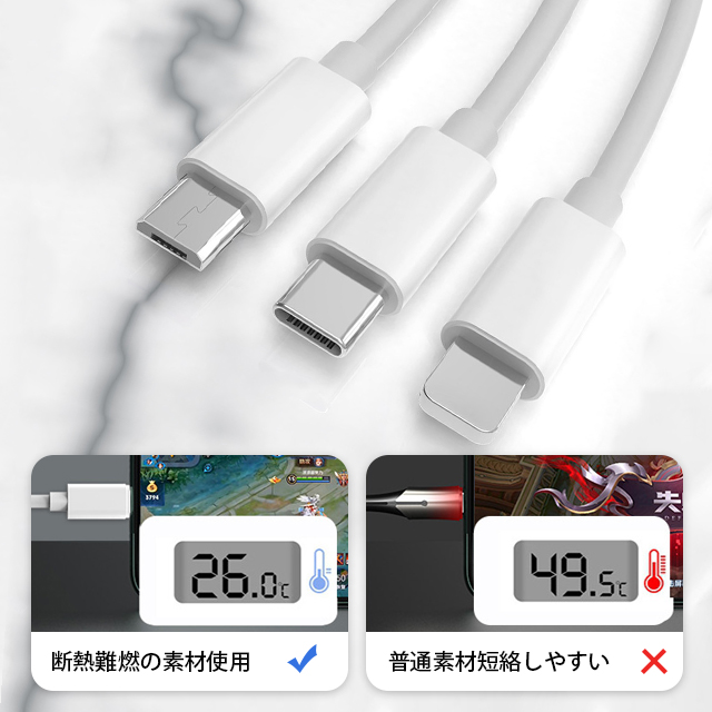 無料 3in1 充電ケーブル 3A 急速充電 1.2m USB Type-C ケーブル iPhone 一本多役 高速データ転送 Lightning  Android 同時充電