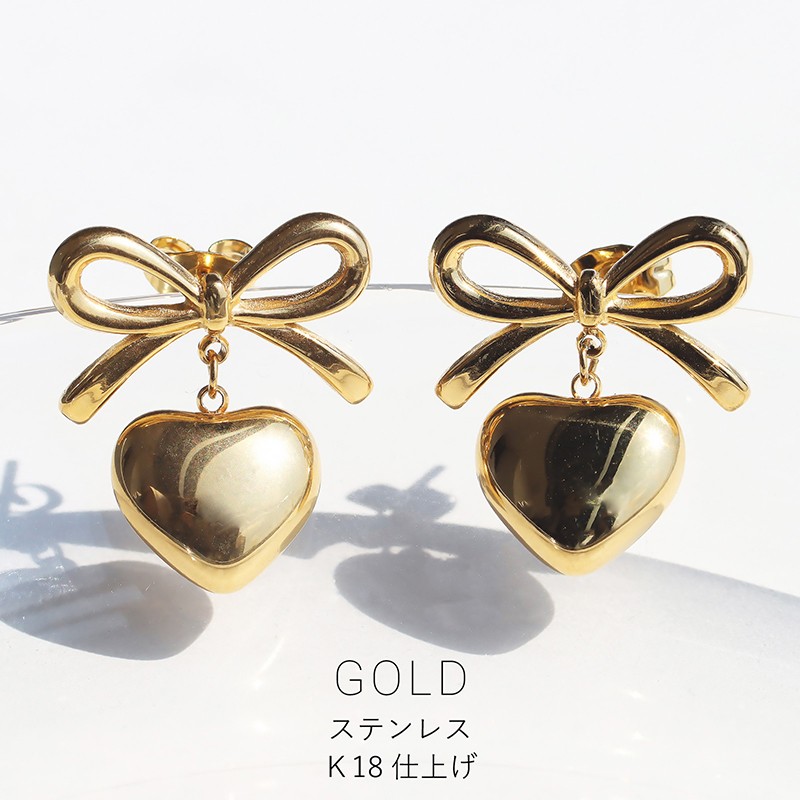 ピアス ハートリボンピアス 揺れる ミックス ゴールド シルバー 金属