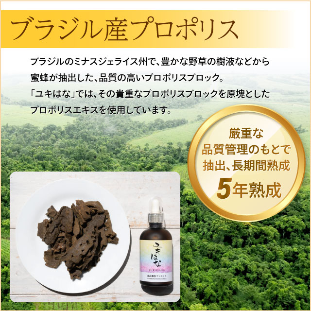 ブラジル産プロポリス！厳重な品質管理のもとで、抽出、長期間熟成（5年熟成）