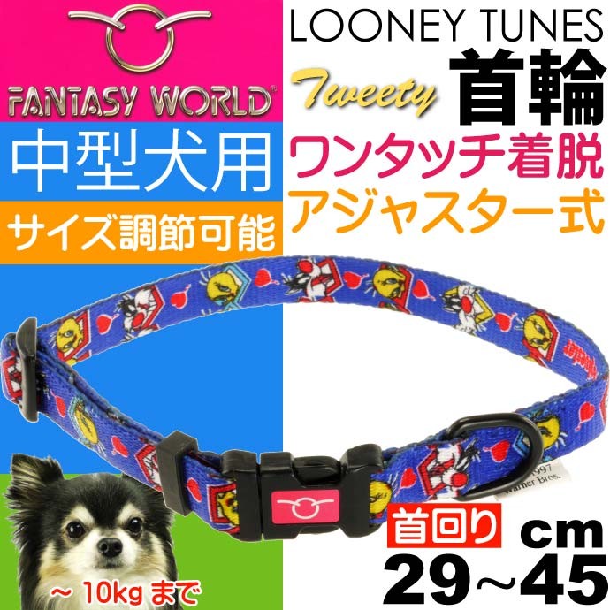 トゥイーティー 中型犬用 首輪 青 幅15mm 首回り29〜45cm ペット用品