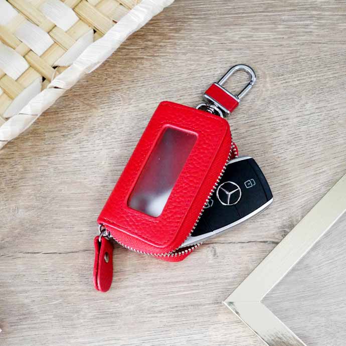 スマートキーケース 革 レッド メンズ レディースOK 窓付鍵ケース 車の