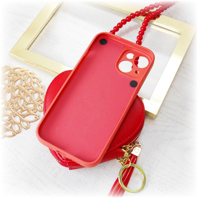 iPhone15 ケース スマホショルダー ハート型コインケース レッド