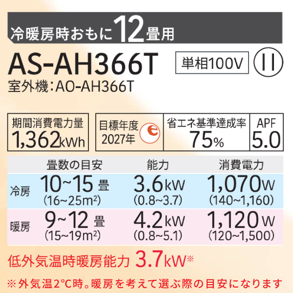 ゼネラル エアコン 工事費込み 入れ替え 取外し 2026年モデル「AS-AH366T」 12畳 3.6kW 100V/15A 国内メーカー 新品 冷房 暖房 クーラー 工事費込 富士通 12畳用の画像