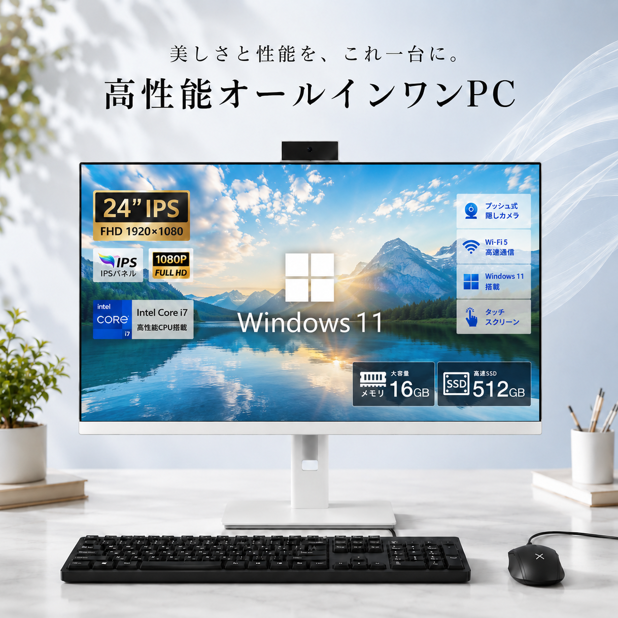 直感的に操作できるタッチパネル搭載の24型一体型新品デスクトップパソコン。Core i7やメモリ16GB、Office、Webカメラ内蔵でマウス等も付属。