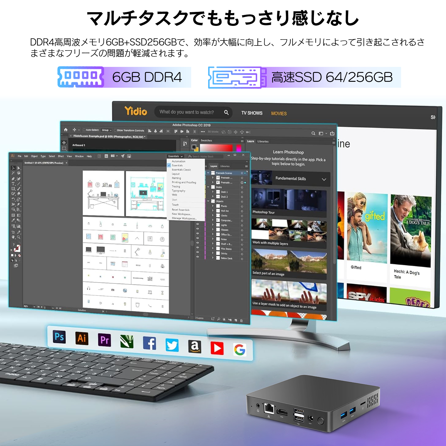 デスクトップパソコン ミニPC インテル Celeron メモリ6GB DDR4/SSD 64GB/256GB Windows11 WPS  省スペース小型pc miniPC デスクトップpc (B20A)