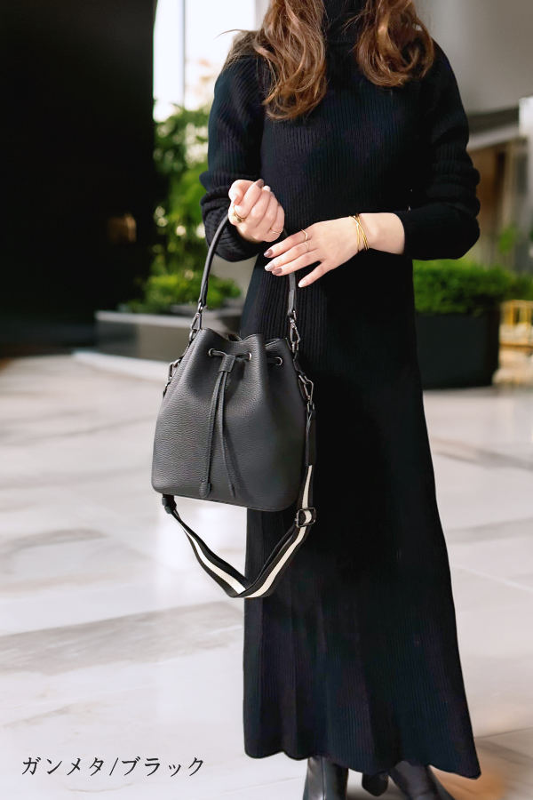 ブラックレザーバケツショルダーバッグ バケツ型レザーショルダーバッグS