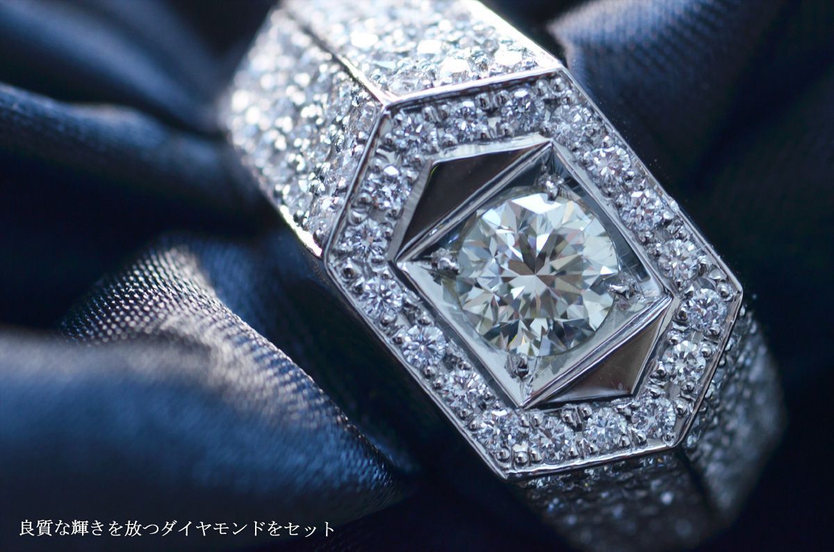 プラチナ リング メンズ 印台 指輪 ダイヤモンド 1.5ct Pt900 幅広 