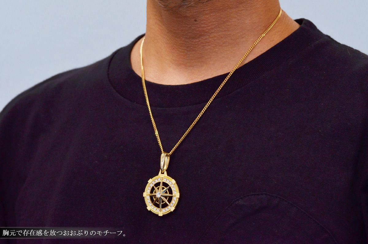 ペンダントトップ メンズ K18 18K 18金 ダイヤモンド 方位磁針