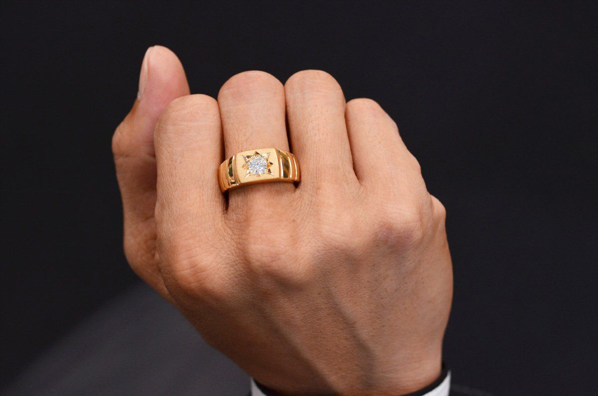 指輪 メンズリング 18金 K18 印台 ピンクゴールド ダイヤモンド メンズ リング 男性 艶消し 後光留め 中央宝石研究所 一粒ダイヤ 日本製  刻印入り ごつい 太め