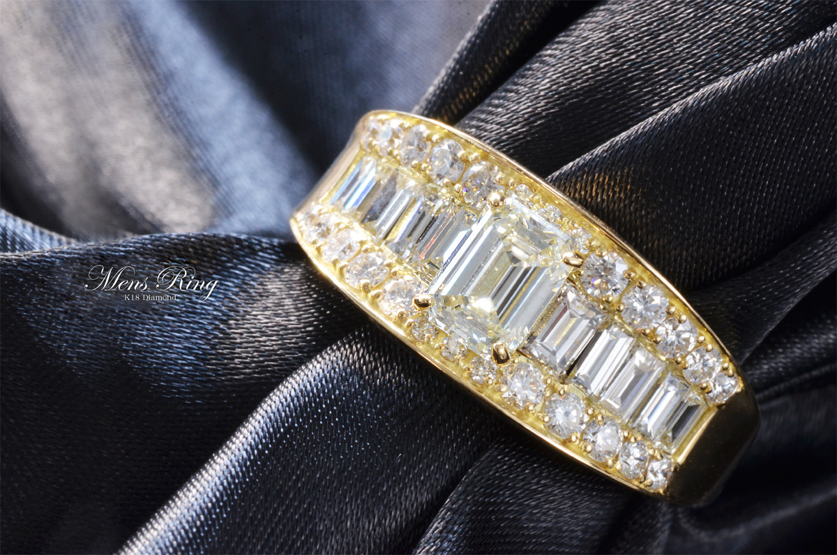指輪 メンズリング 18金 ダイヤモンド イエローゴールド エメラルド