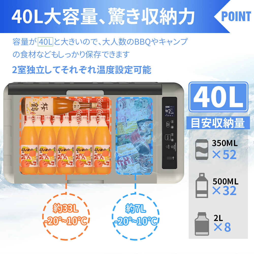 y136 車載冷蔵庫40L 2室-20℃～10℃USB給電可12V24V車に対応 ポータブル 冷凍庫 車載冷蔵庫 40L 2室 1年保証 -20℃〜10℃ ミニ