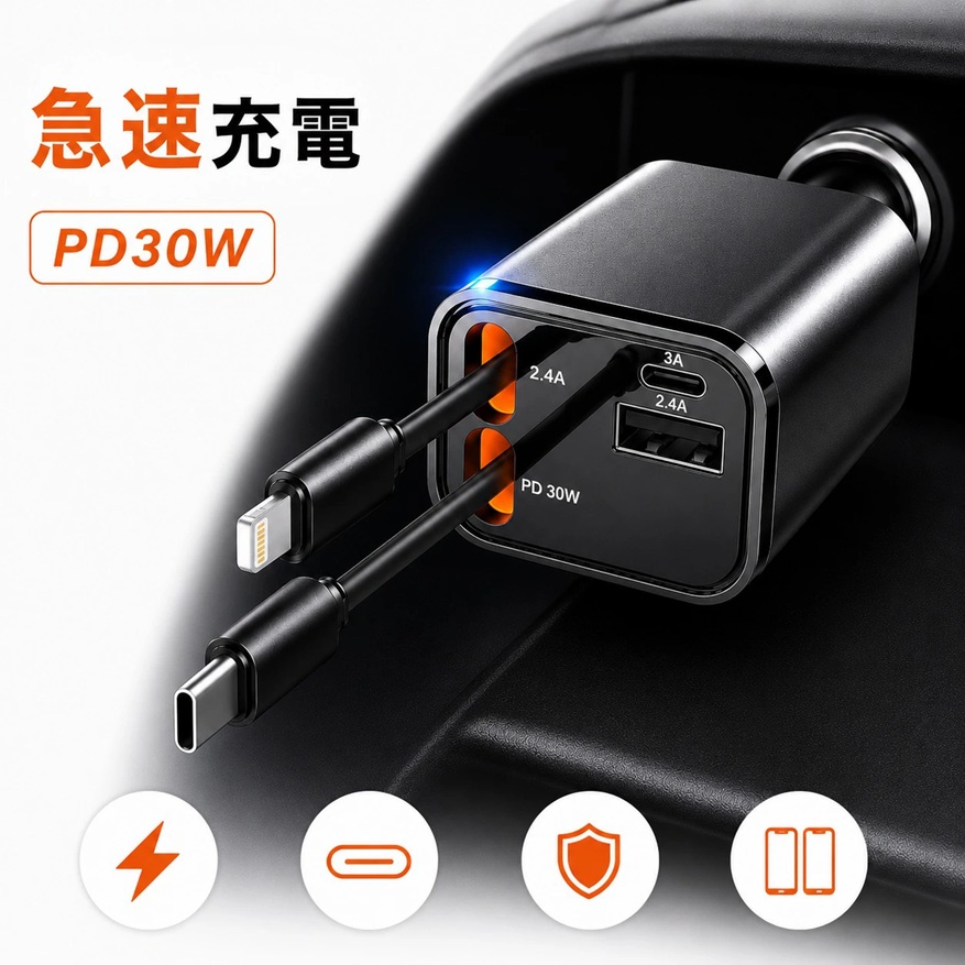 アルファード30系USB/PB電源ソケット 4ポート アルファード 30系後期 シガーソケット USB PD30W 巻き取り 4in1 充電