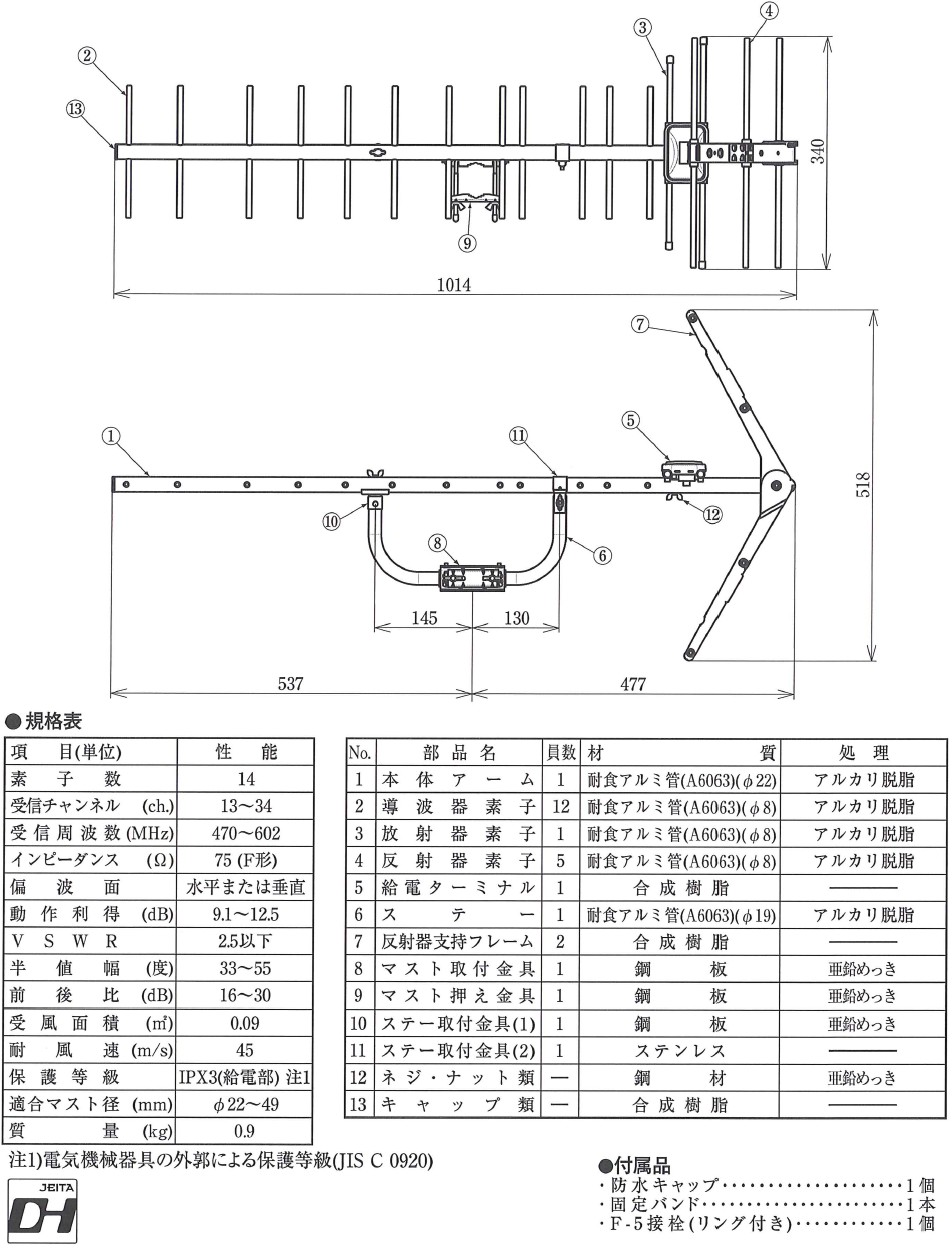 DXアンテナ UL14 UHF14素子アンテナ ローチャンネル(13ch.〜34ch.)対応