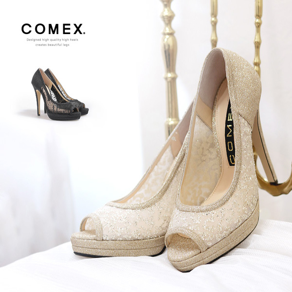 COMEX パンプス ハイヒール ラメ チュール オープントゥ 13cm