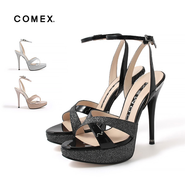 COMEX パンプス ハイヒール オープントゥ ラメ サンダル ヒール 13.5cm 