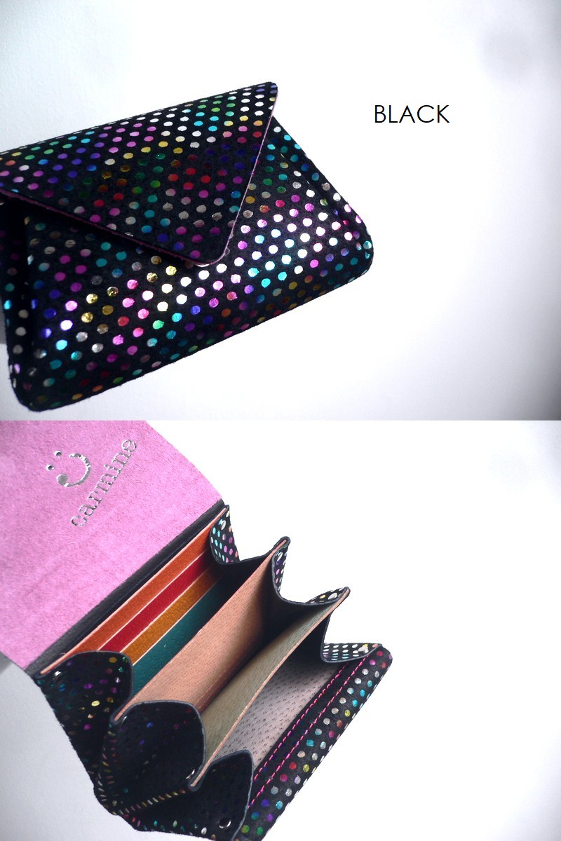 carmine カーマイン 水玉 プチドットメタリック 箔押し スエード レザー ミニウォレット 折り財布 MWPD ブラック Carmine（カーマイン） 水玉 プチドットメタリック 箔押し スエード