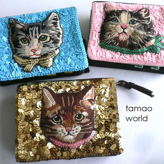 tamao world タマオワールド 折り財布 スパンコール ミニ財布 3335 3336 3372 猫 ネコ ねこ ミニ財布  ピンク/ブルー/ゴールド