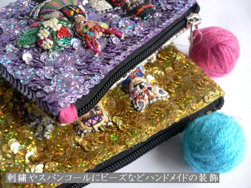 tamao world タマオワールド スパンコール 刺繍 ポーチ Folklore