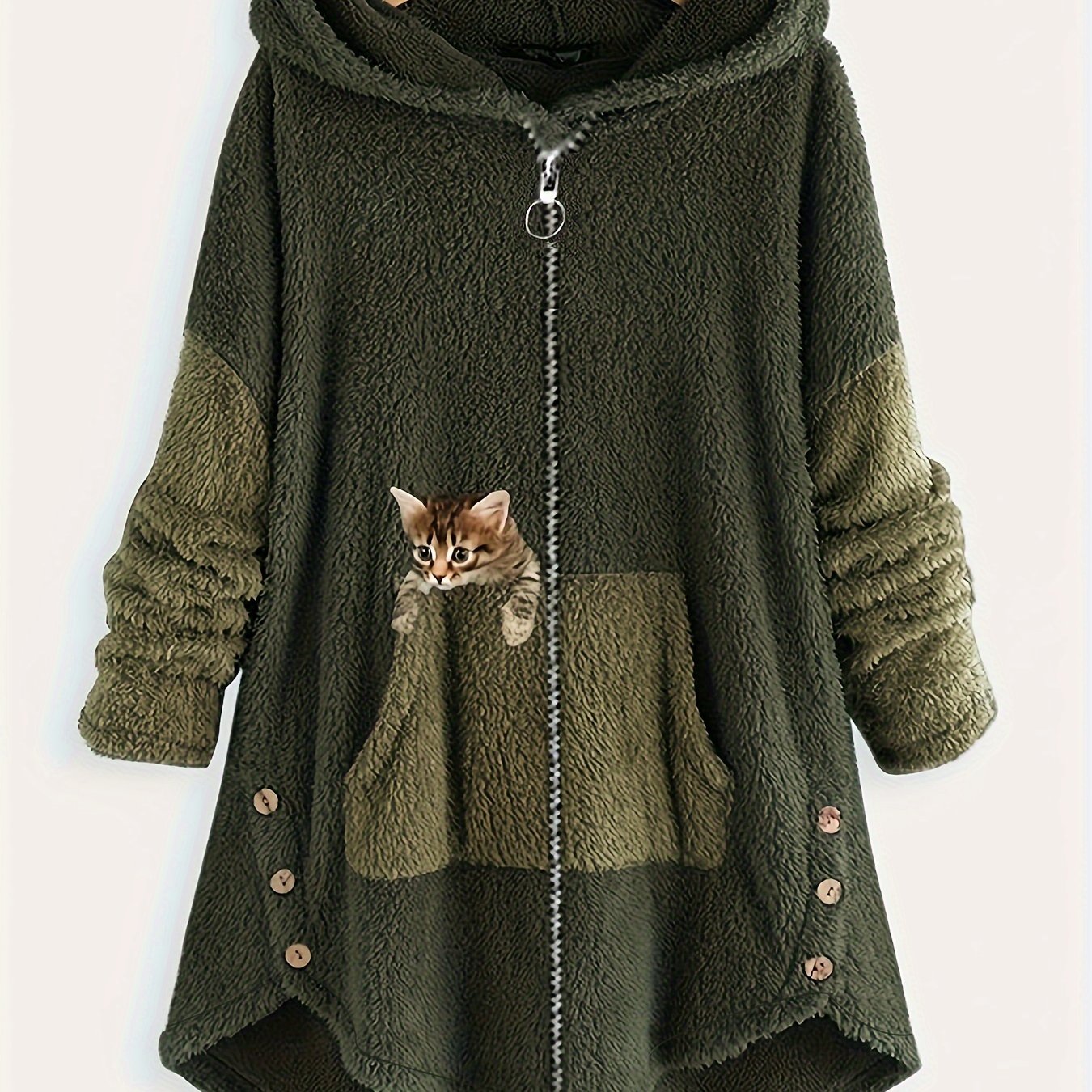 猫プリント ジッパー フード付きコート カラーブロック長袖コート 婦人服