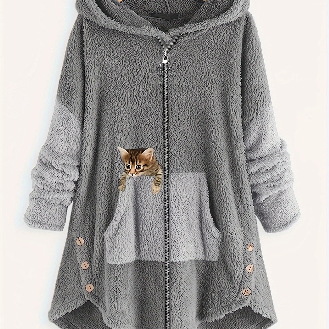 猫プリント ジッパー フード付きコート カラーブロック長袖コート 婦人服