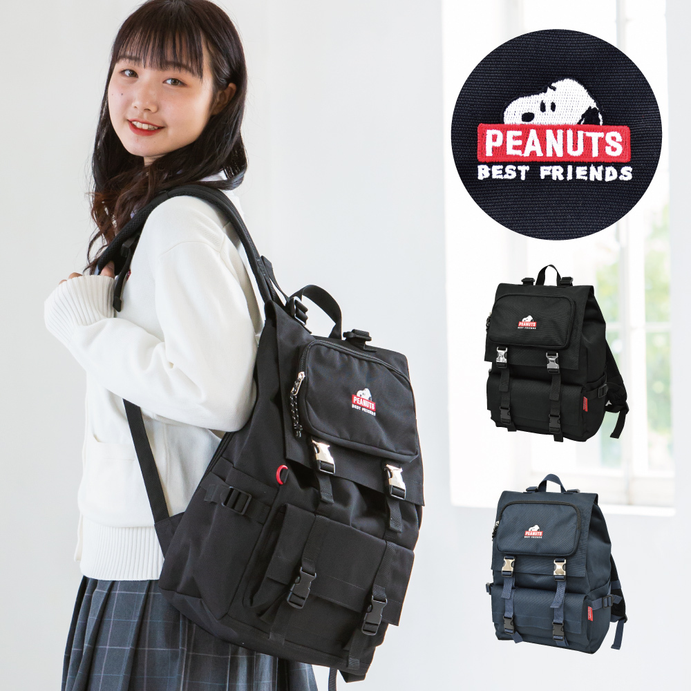 日本代購 Japanchill 日本代購轉運 空運船運 全球配送 スヌーピー Snoopy リュック バッグ リュックサック フラップ ナイロン 大容量 ベルト付き l 黒 ロゴ 刺繍 かわいい キャラクター スヌーピーグッズ バッグ