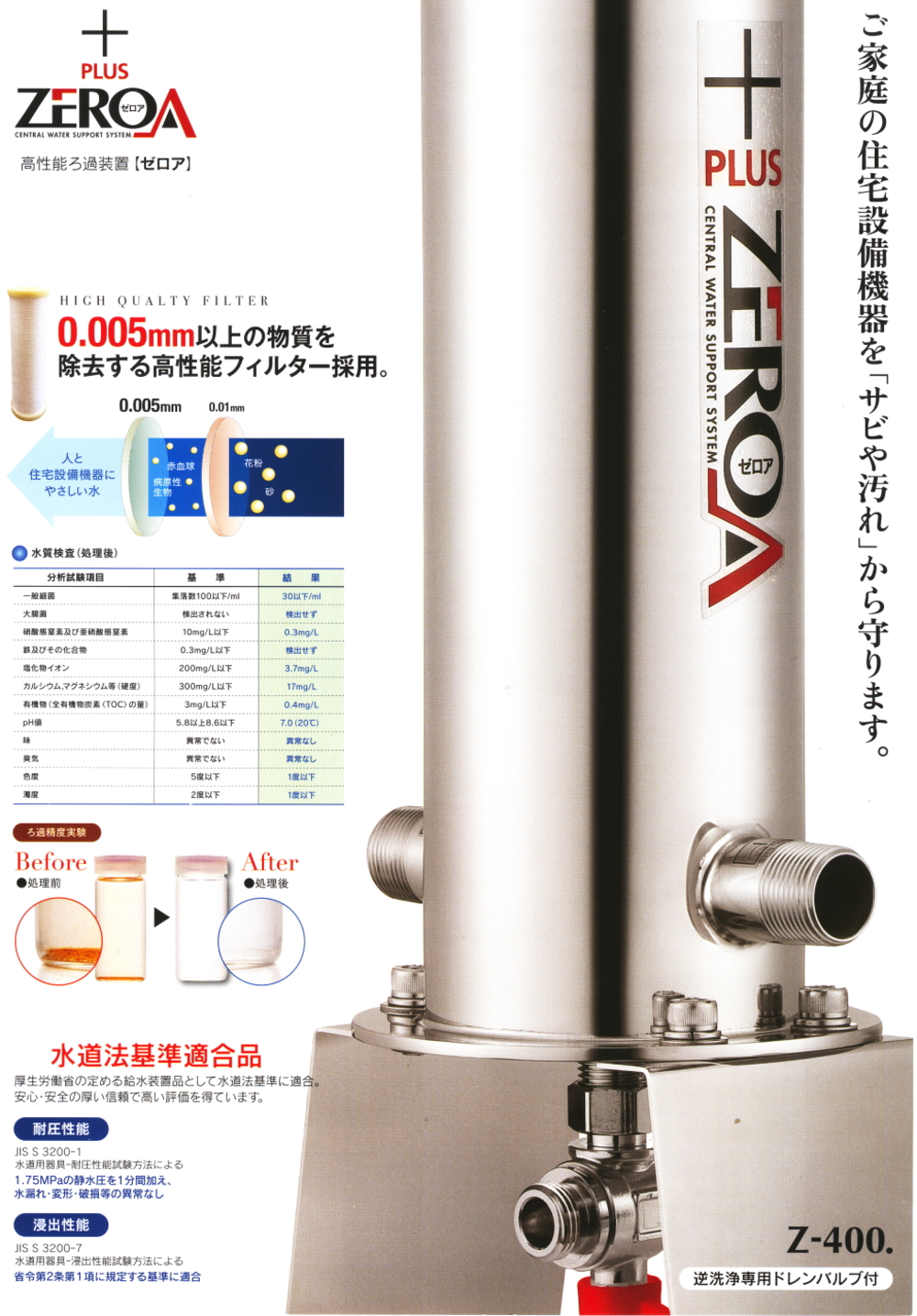 ゼロア（ZEROA）Z-400型元付けセントラル赤水・赤錆ろ過装置