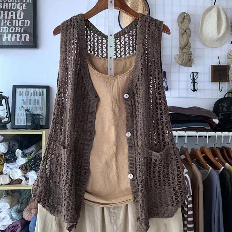 レディース 夏 ス 透かし編み 前開き Ｖネック 無地 カジュアル レイヤード ニット サマーニット ジレ おしゃれ きれいめ 6色 | ブランド登録なし | 02