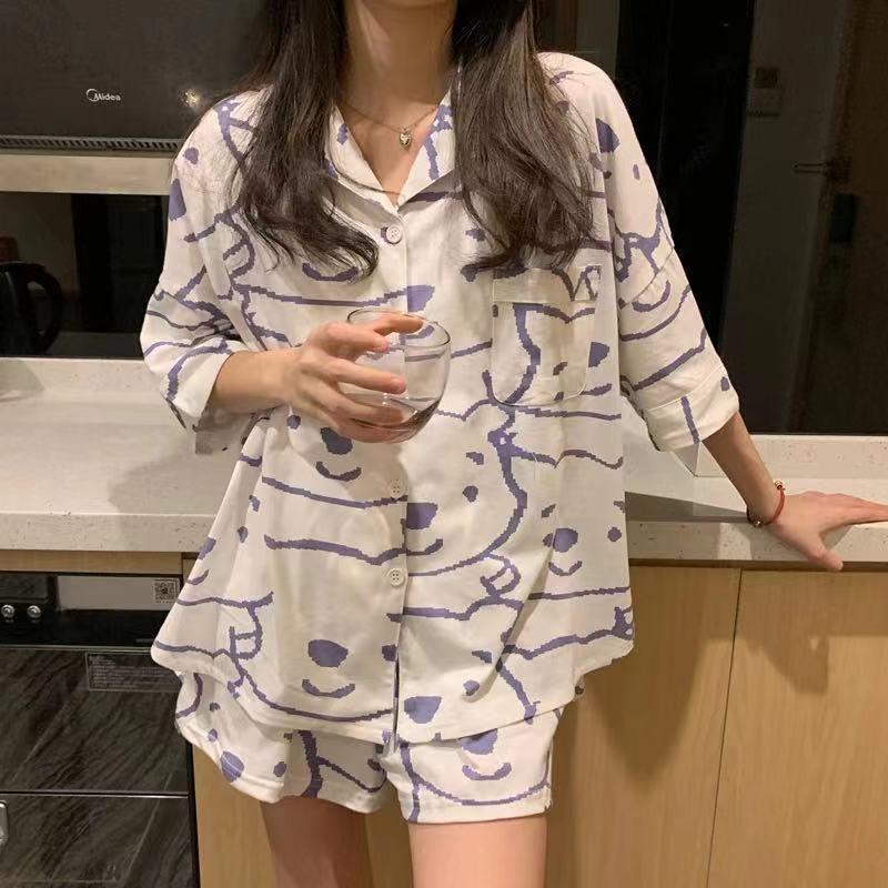 パジャマ レディース 春 夏 秋 半袖 半ズボン ルームウェア 上下セット シャツパジャマ プリント 女性 セットアップ 前開き トレンド 部屋着 | ブランド登録なし | 02