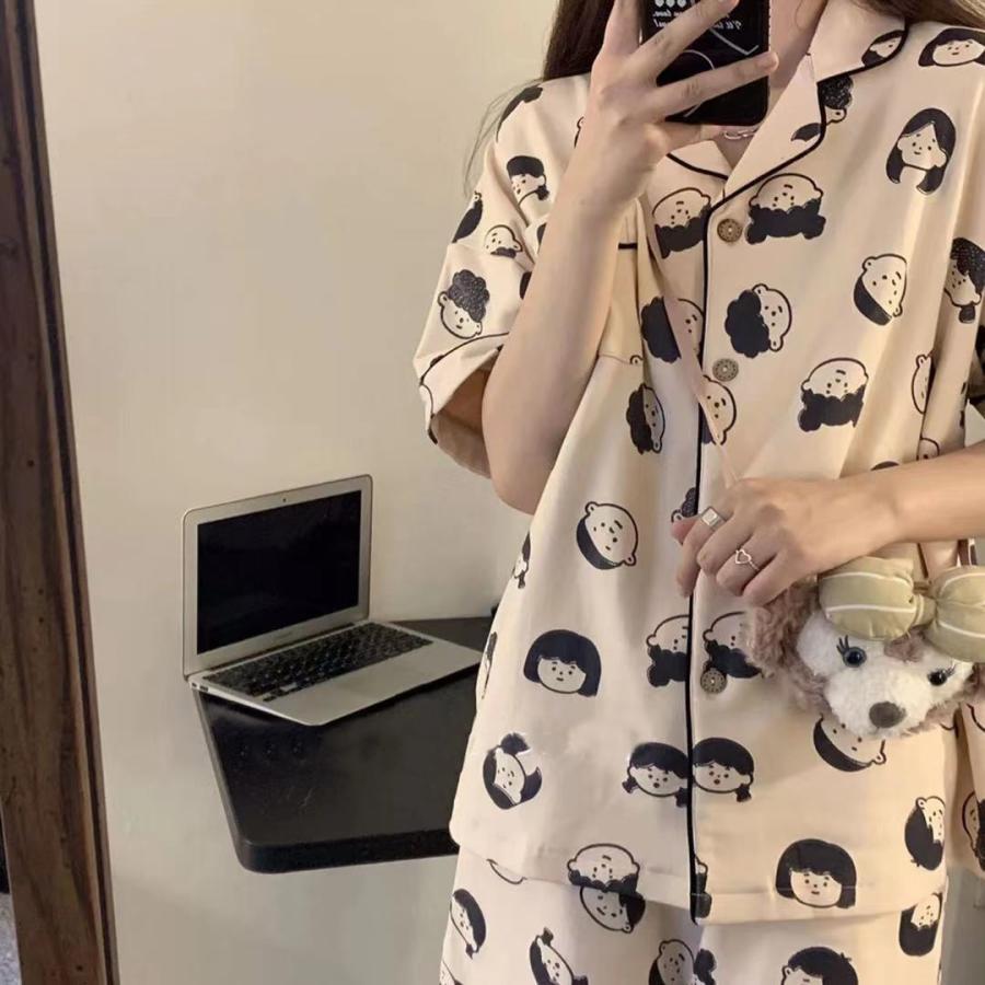 パジャマ レディース 春 夏 秋 半袖 半ズボン ルームウェア 上下セット シャツパジャマ プリント 女性 セットアップ 前開き トレンド 部屋着 | ブランド登録なし | 03