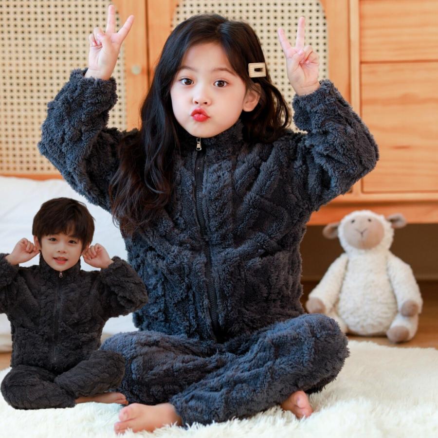 パジャマ ルームウェア キッズ モコモコ 部屋着 子供 厚手 前開き 長袖 もこもこ 上下 セットアップ かわいい あったか 男の子 女の子 | ブランド登録なし | 02