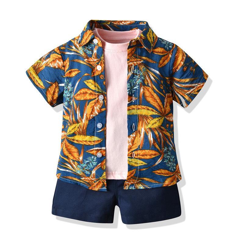 キッズ アロハシャツ Tシャツ 短パンツ 3点セット ビーチウェア 夏 半袖シャツ 男の子 開襟シャツ 子ども服 ハワイアン 総柄 カジュアル | ブランド登録なし | 01