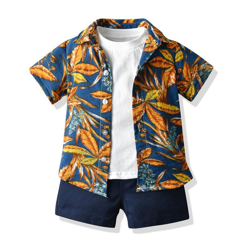 キッズ アロハシャツ Tシャツ 短パンツ 3点セット ビーチウェア 夏 半袖シャツ 男の子 開襟シャツ 子ども服 ハワイアン 総柄 カジュアル | ブランド登録なし | 02